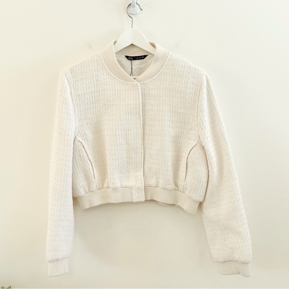 NWOT Zara Textured Ivory Cropped Bomber Jacket Size Large